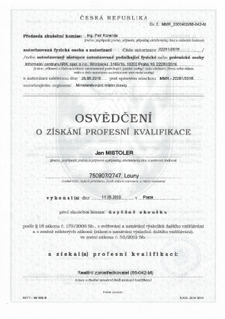 Osvědčení Jan Mistoler